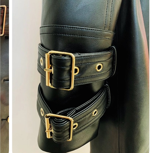 Black and gold button leather trench coat - Picture 3 of 6